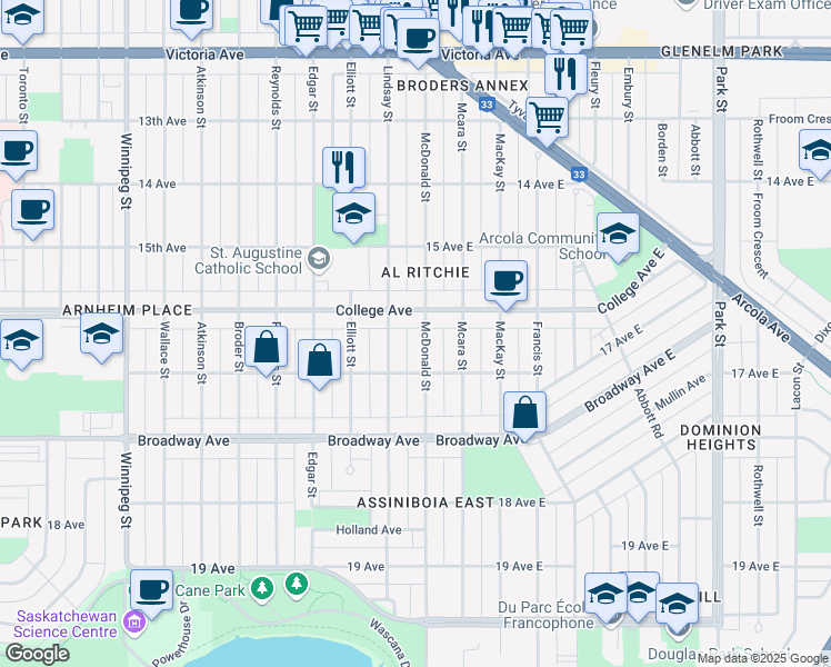 map of restaurants, bars, coffee shops, grocery stores, and more near 227 College Avenue in Regina