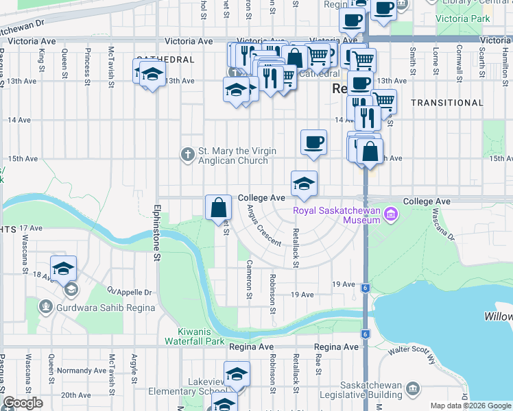 map of restaurants, bars, coffee shops, grocery stores, and more near 285 Angus Crescent in Regina