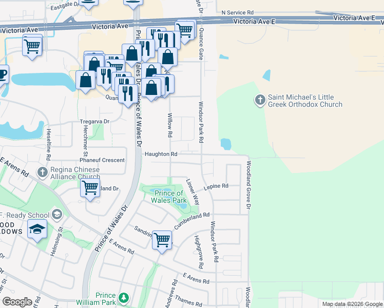 map of restaurants, bars, coffee shops, grocery stores, and more near Haughton Road in Regina