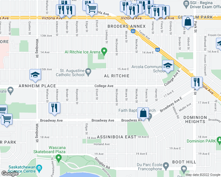 map of restaurants, bars, coffee shops, grocery stores, and more near 227 College Avenue in Regina