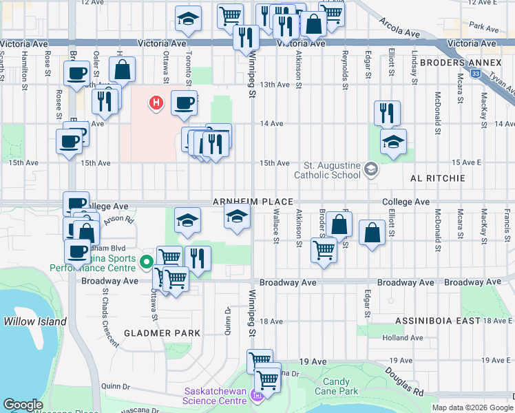 map of restaurants, bars, coffee shops, grocery stores, and more near 935 College Avenue in Regina