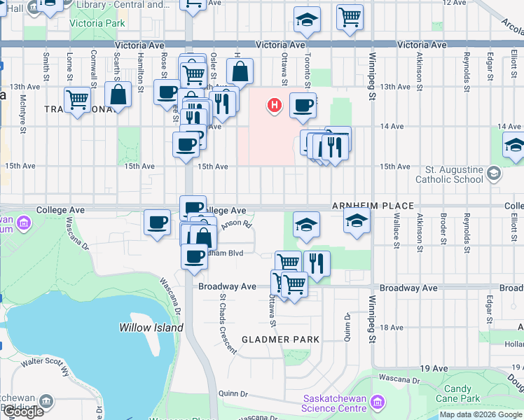map of restaurants, bars, coffee shops, grocery stores, and more near 1425 College Avenue in Regina