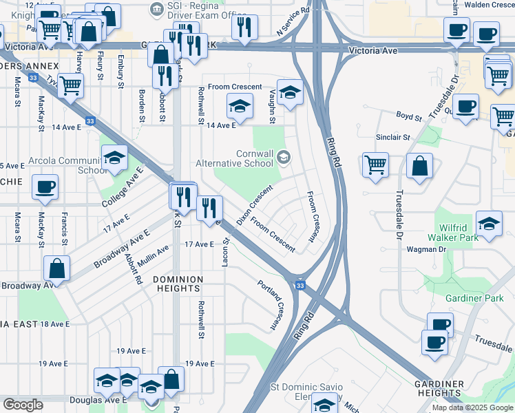 map of restaurants, bars, coffee shops, grocery stores, and more near 1 Dixon Crescent in Regina