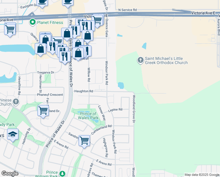 map of restaurants, bars, coffee shops, grocery stores, and more near 2351 Windsor Park Road in Regina