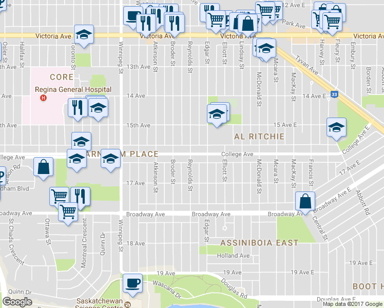 map of restaurants, bars, coffee shops, grocery stores, and more near 535 College Avenue in Regina