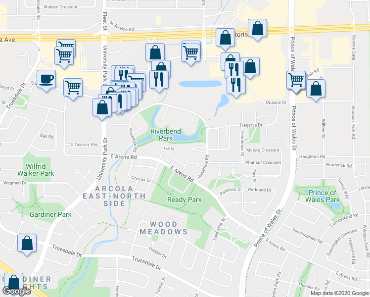 map of restaurants, bars, coffee shops, grocery stores, and more near in Regina