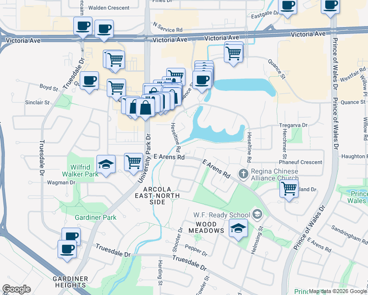 map of restaurants, bars, coffee shops, grocery stores, and more near in Regina
