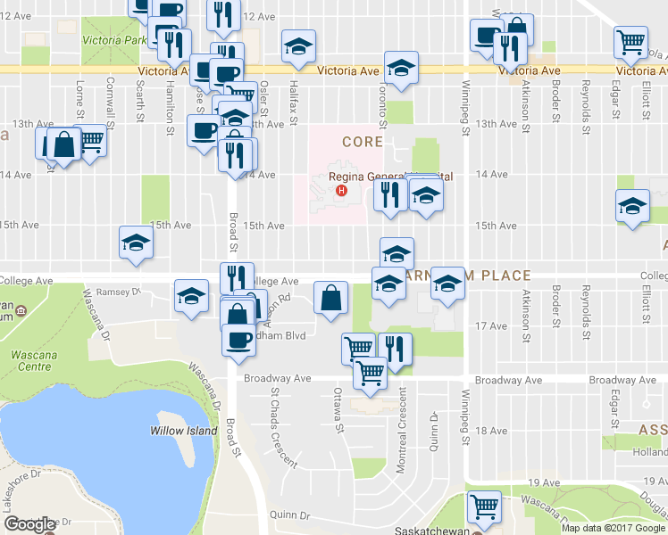 map of restaurants, bars, coffee shops, grocery stores, and more near 1425 College Avenue in Regina