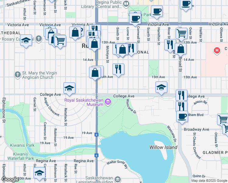 map of restaurants, bars, coffee shops, grocery stores, and more near 2400 College Avenue in Regina