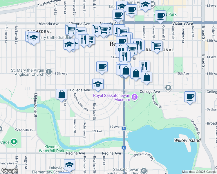 map of restaurants, bars, coffee shops, grocery stores, and more near 11 Angus Crescent in Regina