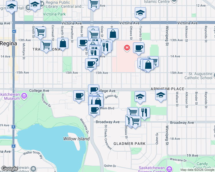 map of restaurants, bars, coffee shops, grocery stores, and more near 1610 College Avenue in Regina