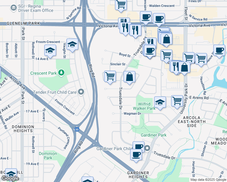 map of restaurants, bars, coffee shops, grocery stores, and more near 1631 Longworthy Bay in Regina