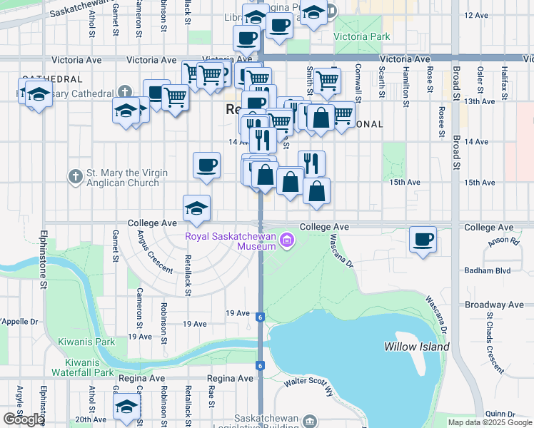 map of restaurants, bars, coffee shops, grocery stores, and more near 2520 College Avenue in Regina