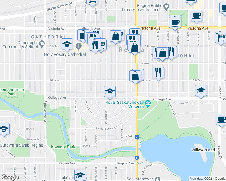 map of restaurants, bars, coffee shops, grocery stores, and more near 2321 Retallack Street in Regina