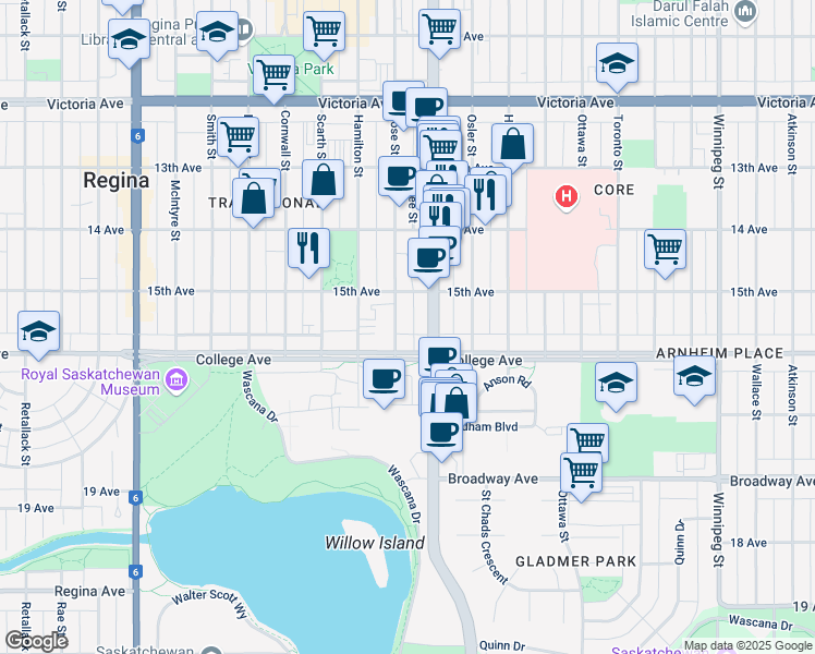 map of restaurants, bars, coffee shops, grocery stores, and more near 2351 Rose Street in Regina