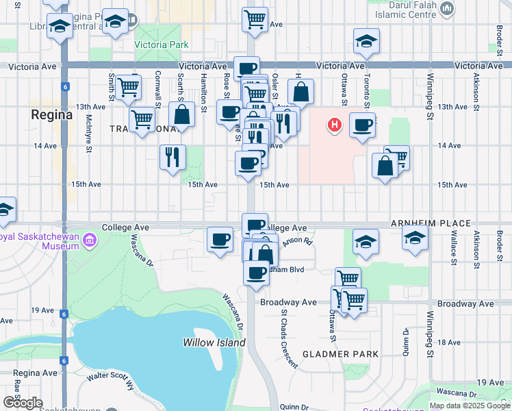 map of restaurants, bars, coffee shops, grocery stores, and more near 2345 Broad Street in Regina