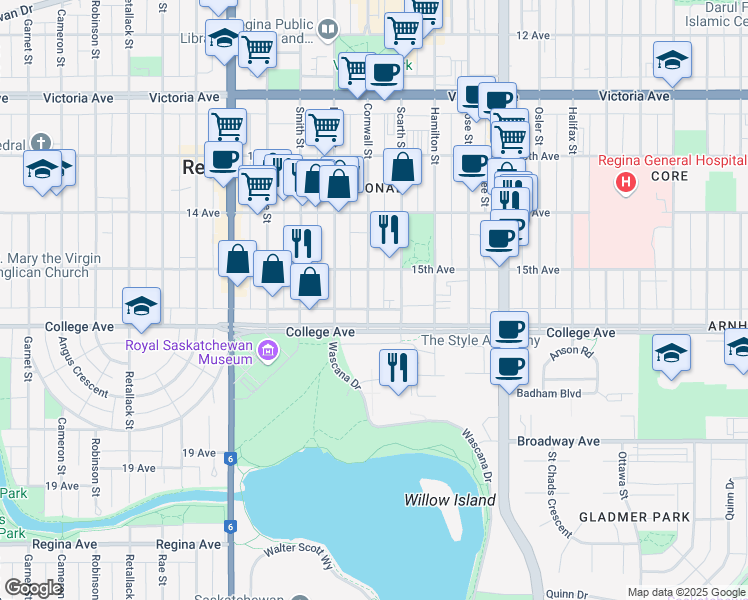 map of restaurants, bars, coffee shops, grocery stores, and more near 2315 Cornwall Street in Regina