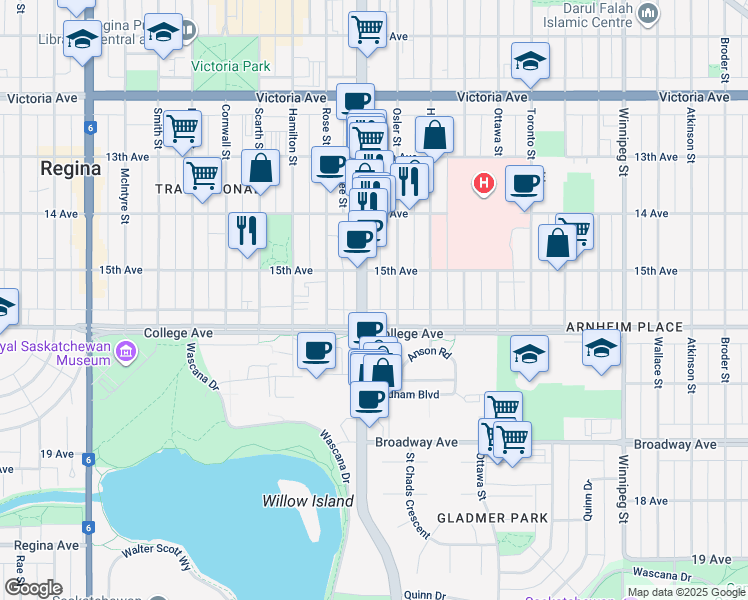 map of restaurants, bars, coffee shops, grocery stores, and more near in Regina