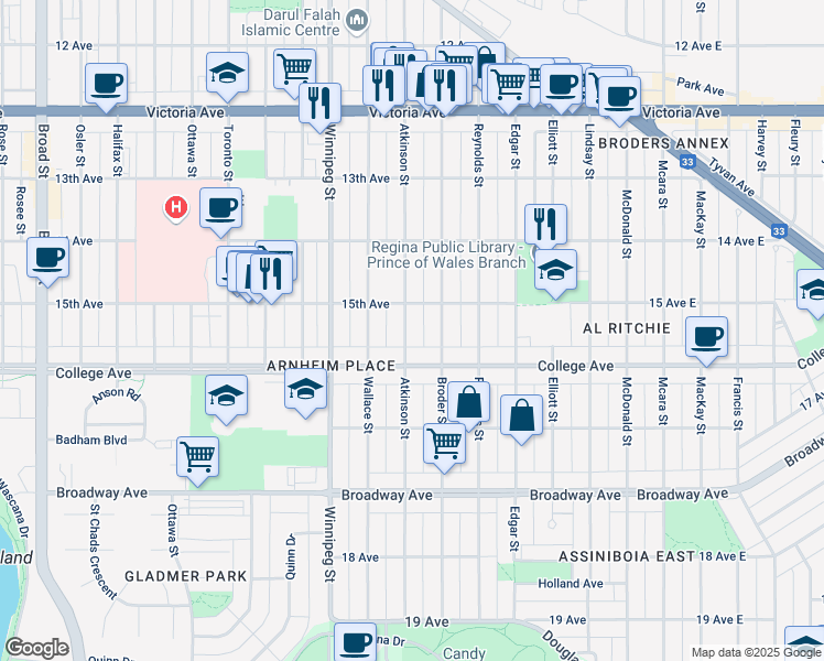 map of restaurants, bars, coffee shops, grocery stores, and more near 2337 Atkinson Street in Regina
