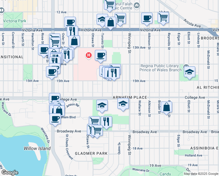 map of restaurants, bars, coffee shops, grocery stores, and more near 2316 Montreal Street in Regina