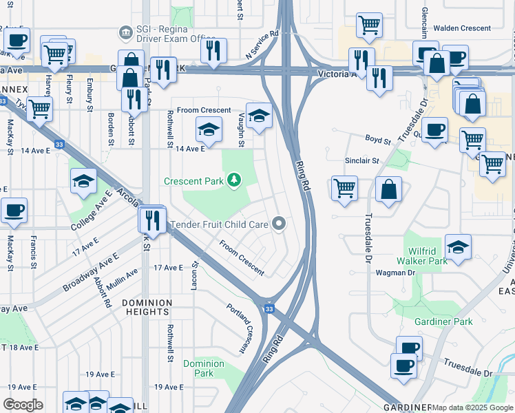 map of restaurants, bars, coffee shops, grocery stores, and more near 47 Dixon Crescent in Regina