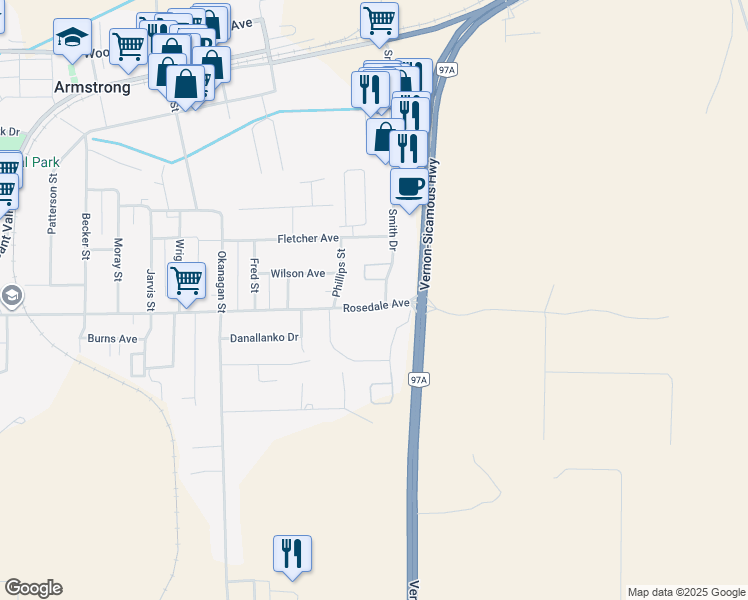 map of restaurants, bars, coffee shops, grocery stores, and more near 2805 Smith Drive in Armstrong