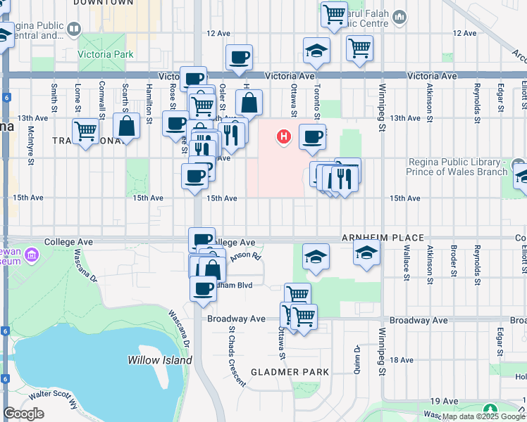 map of restaurants, bars, coffee shops, grocery stores, and more near 2322 Saint John Street in Regina