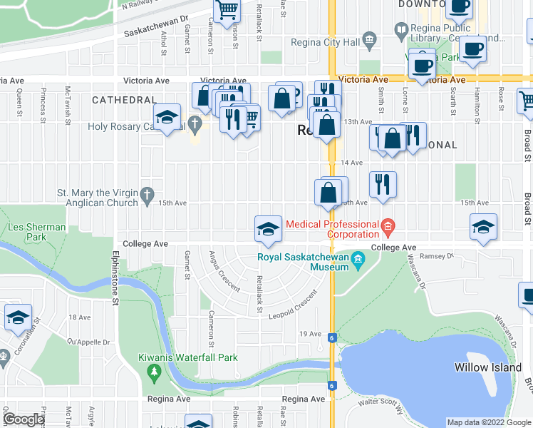 map of restaurants, bars, coffee shops, grocery stores, and more near 2321 Retallack Street in Regina