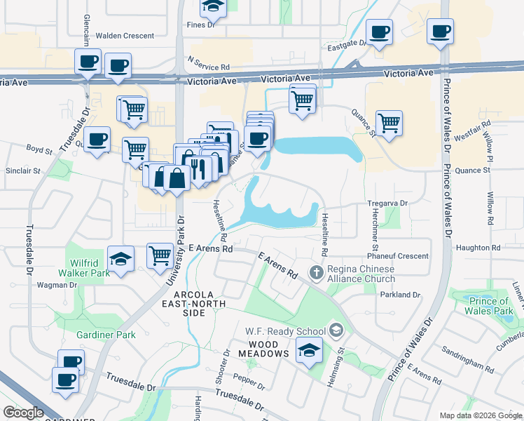 map of restaurants, bars, coffee shops, grocery stores, and more near 2200 Heseltine Road in Regina