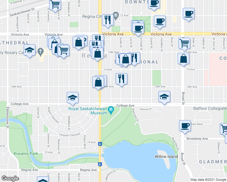 map of restaurants, bars, coffee shops, grocery stores, and more near 2400 College Avenue in Regina