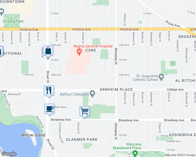 map of restaurants, bars, coffee shops, grocery stores, and more near 2316 Montreal Street in Regina