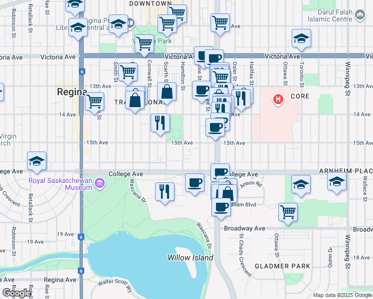 map of restaurants, bars, coffee shops, grocery stores, and more near 2323 Hamilton Street in Regina