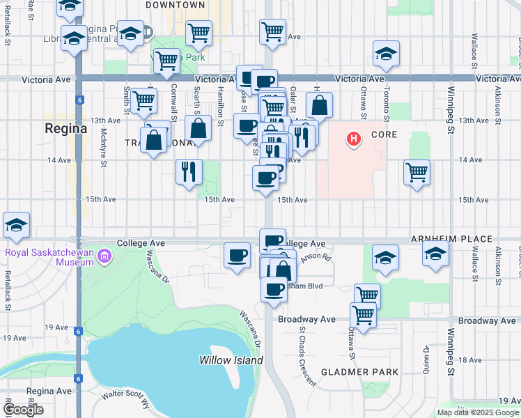 map of restaurants, bars, coffee shops, grocery stores, and more near 2312 Broad Street in Regina