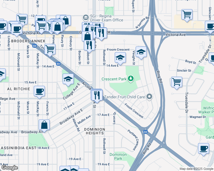 map of restaurants, bars, coffee shops, grocery stores, and more near 435 Froom Crescent in Regina
