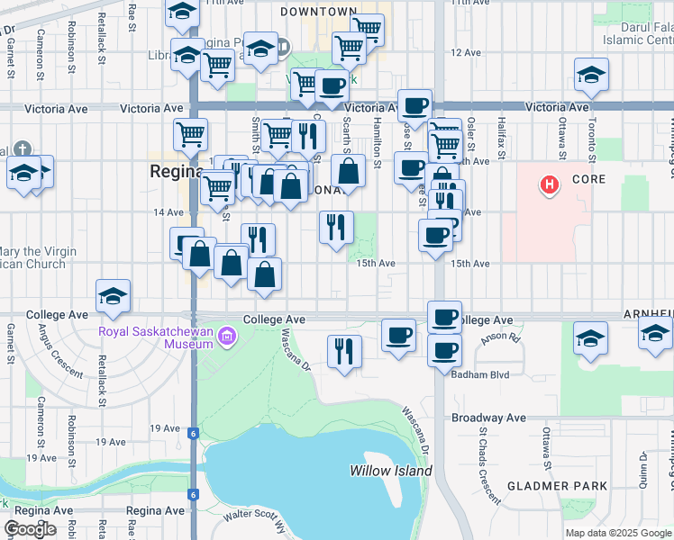 map of restaurants, bars, coffee shops, grocery stores, and more near 2121 15th Avenue in Regina