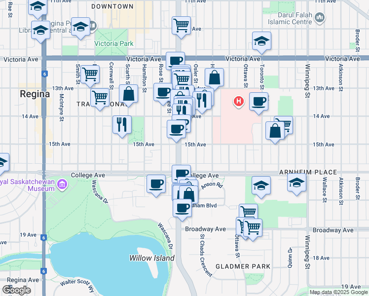 map of restaurants, bars, coffee shops, grocery stores, and more near in Regina