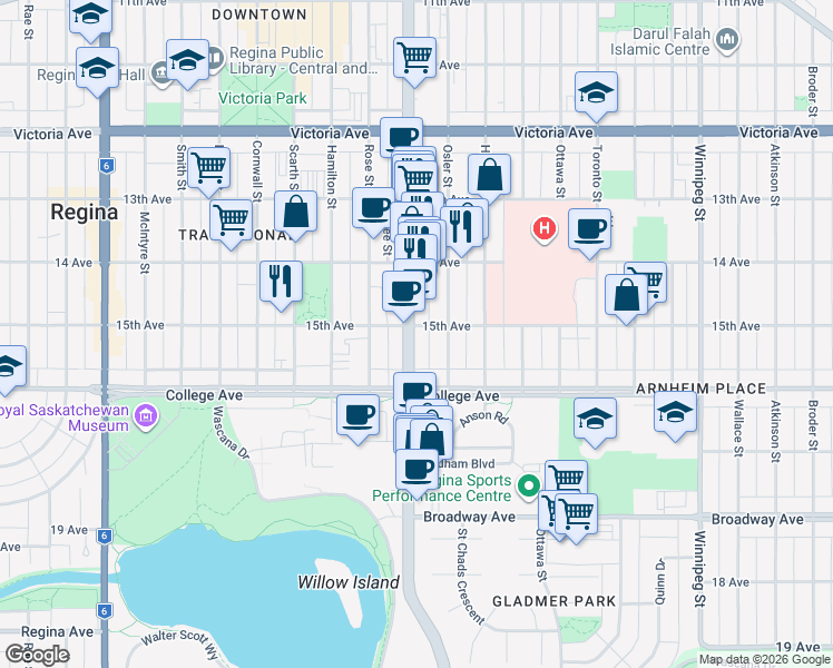 map of restaurants, bars, coffee shops, grocery stores, and more near 2305 Broad Street in Regina