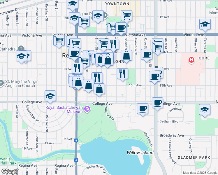 map of restaurants, bars, coffee shops, grocery stores, and more near 2320 Cornwall Street in Regina
