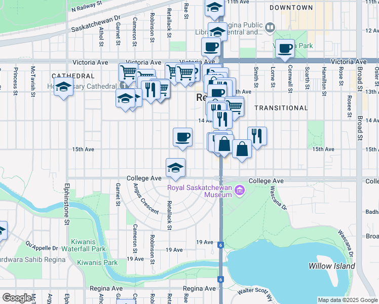 map of restaurants, bars, coffee shops, grocery stores, and more near 2301 Rae Street in Regina