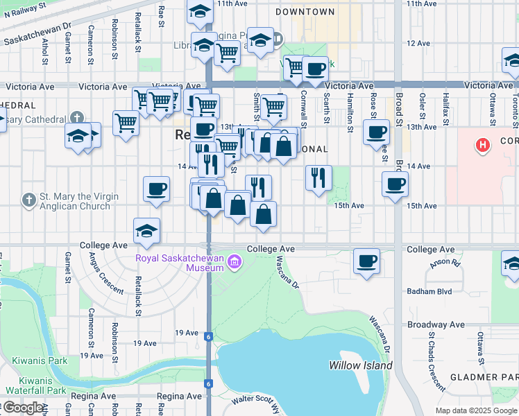 map of restaurants, bars, coffee shops, grocery stores, and more near in Regina
