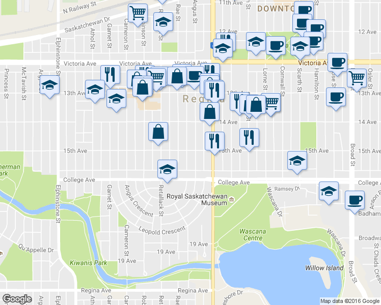 map of restaurants, bars, coffee shops, grocery stores, and more near in Regina