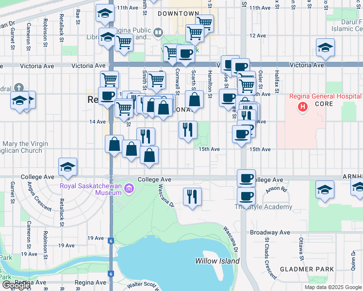 map of restaurants, bars, coffee shops, grocery stores, and more near 2315 Cornwall Street in Regina