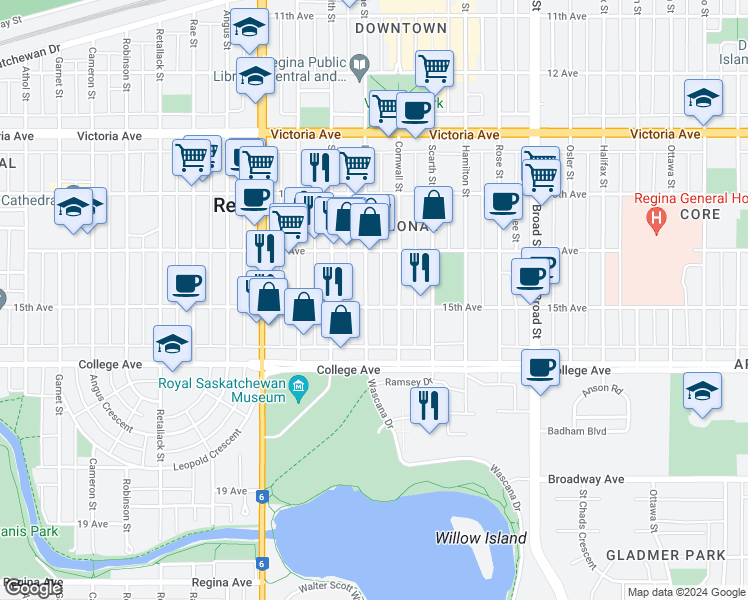 map of restaurants, bars, coffee shops, grocery stores, and more near 2320 Cornwall Street in Regina