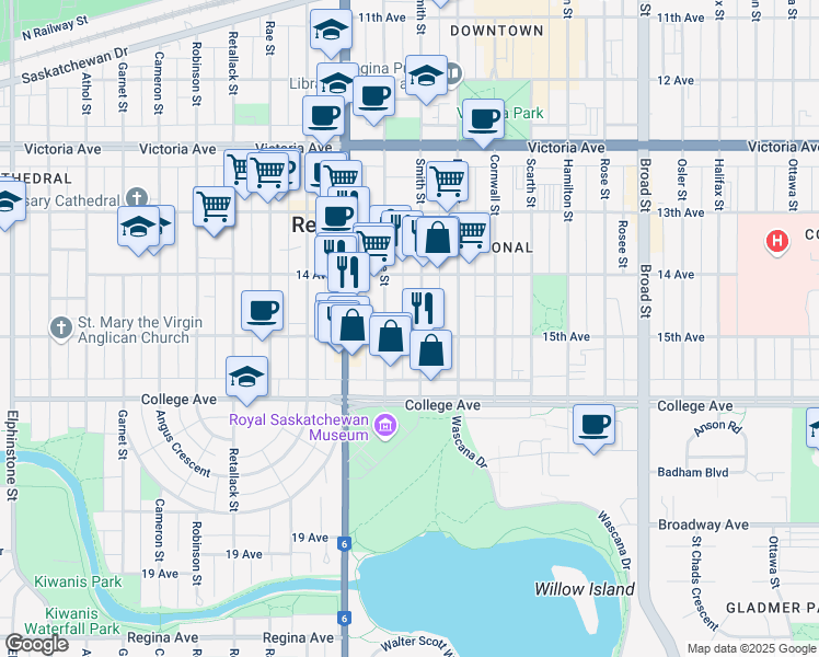 map of restaurants, bars, coffee shops, grocery stores, and more near 2410 15th Avenue in Regina