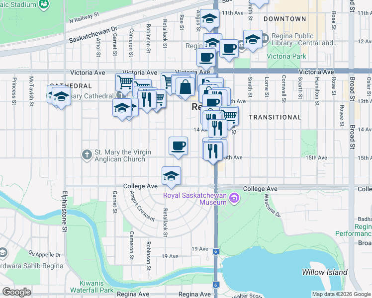 map of restaurants, bars, coffee shops, grocery stores, and more near 2223 Rae Street in Regina