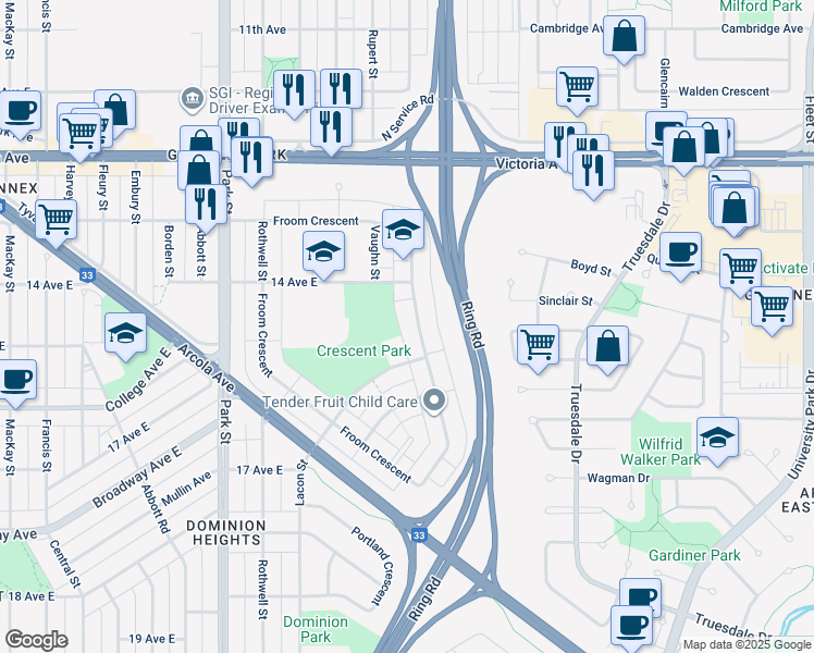 map of restaurants, bars, coffee shops, grocery stores, and more near 143 Froom Crescent in Regina