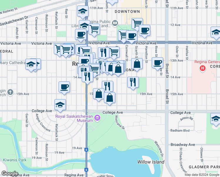 map of restaurants, bars, coffee shops, grocery stores, and more near 2229 Smith Street in Regina