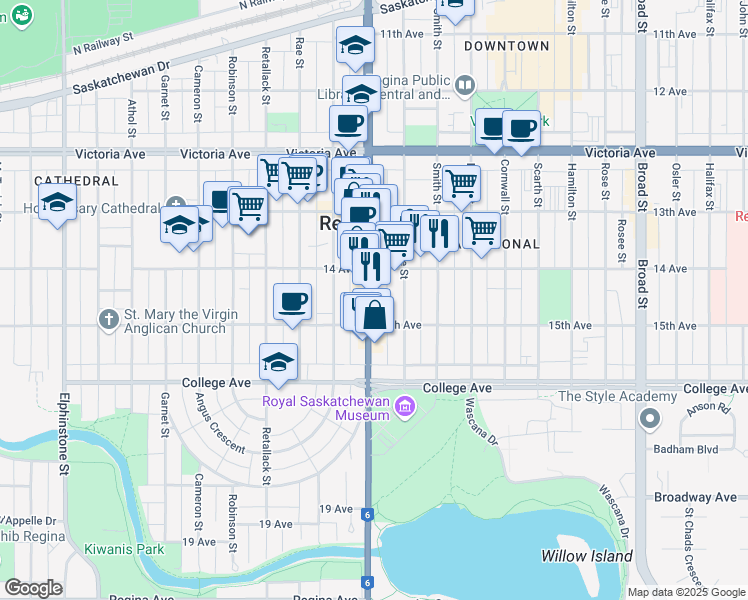 map of restaurants, bars, coffee shops, grocery stores, and more near 2245 Albert Street in Regina