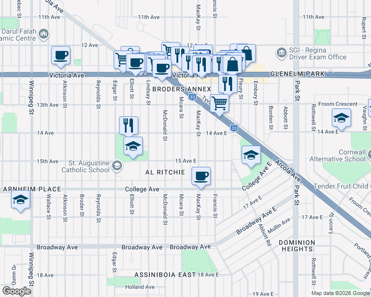 map of restaurants, bars, coffee shops, grocery stores, and more near 2245 Mcara Street in Regina