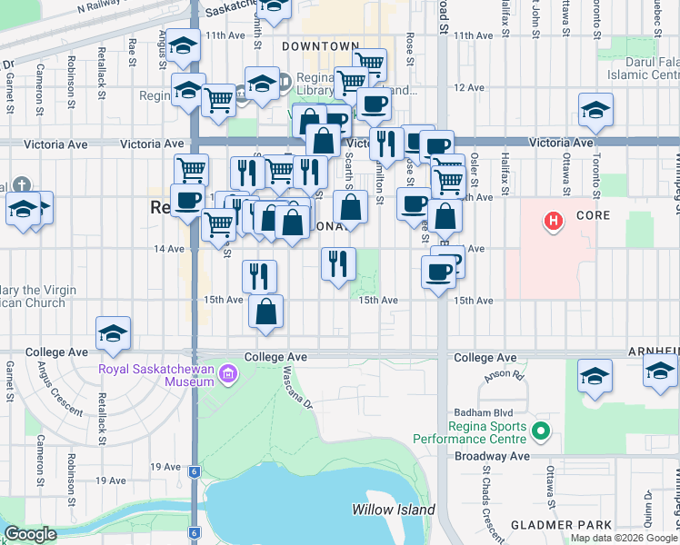 map of restaurants, bars, coffee shops, grocery stores, and more near 2242 Scarth Street in Regina